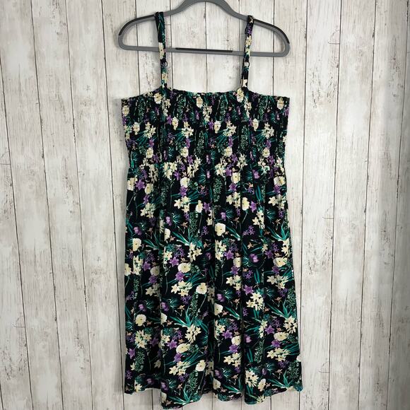 Ellos Black Plus Size Smocked Bodice Floral Stretchy Tank Knee Length Dress 1X - Picture 2 of 10